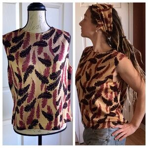St. John Feathers Metallic Sleeveless Knit Blouse Top w Matching Headband Large